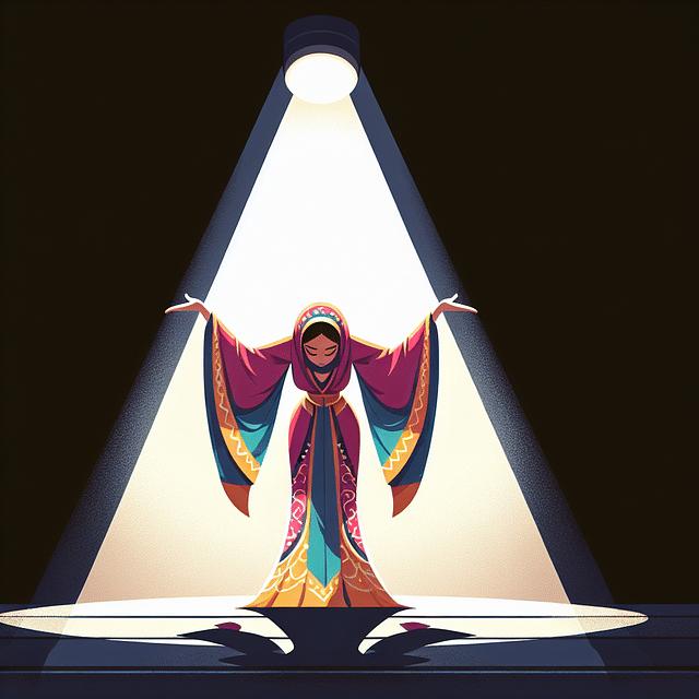 a performer bowing on stage with a spotlight