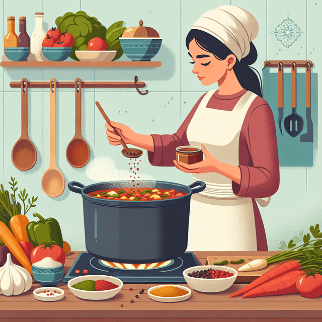 a chef adding spices to a bubbling pot of stew
