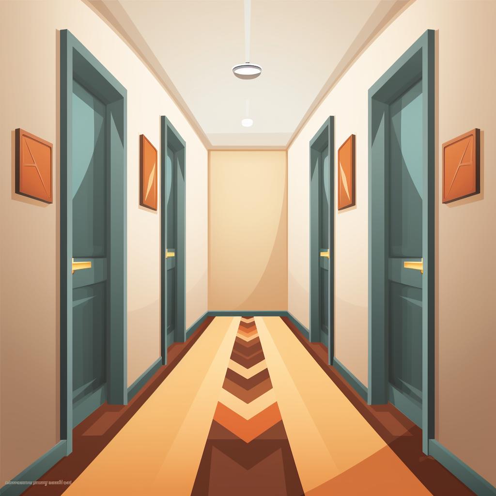 A hallway connecting two rooms with arrows showing the direction